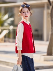 6301春装新款喜庆红色短款圆领提花马甲小外套，女装马甲，微微衣阁