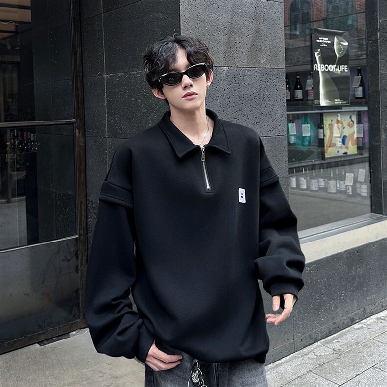 美式男秋季笑脸贴标上衣潮牌ins翻领减龄学院风常规P65加绒P75,男装卫衣,电商B319