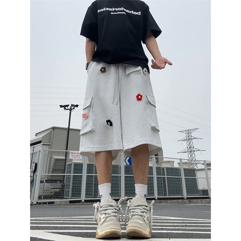 花朵刺绣工装短裤男生夏季少年感运动中裤美式高街直筒宽松七分裤,男装休闲裤,电商A102B
