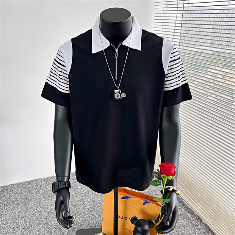 AT555/P65控95夏季社会小伙翻领撞色设计感痞帅短袖POLO衫男黑首,男装T恤,星座305B-1