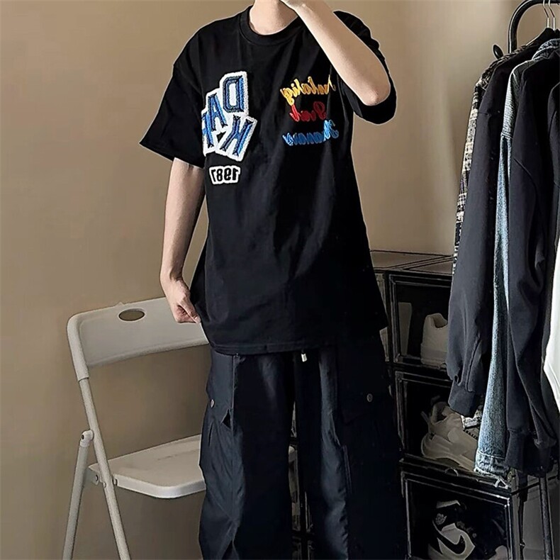 万针全刺绣工艺抖音得物高品质260克重磅纯棉双纱美式高街短袖T恤,男装T恤,电商A486