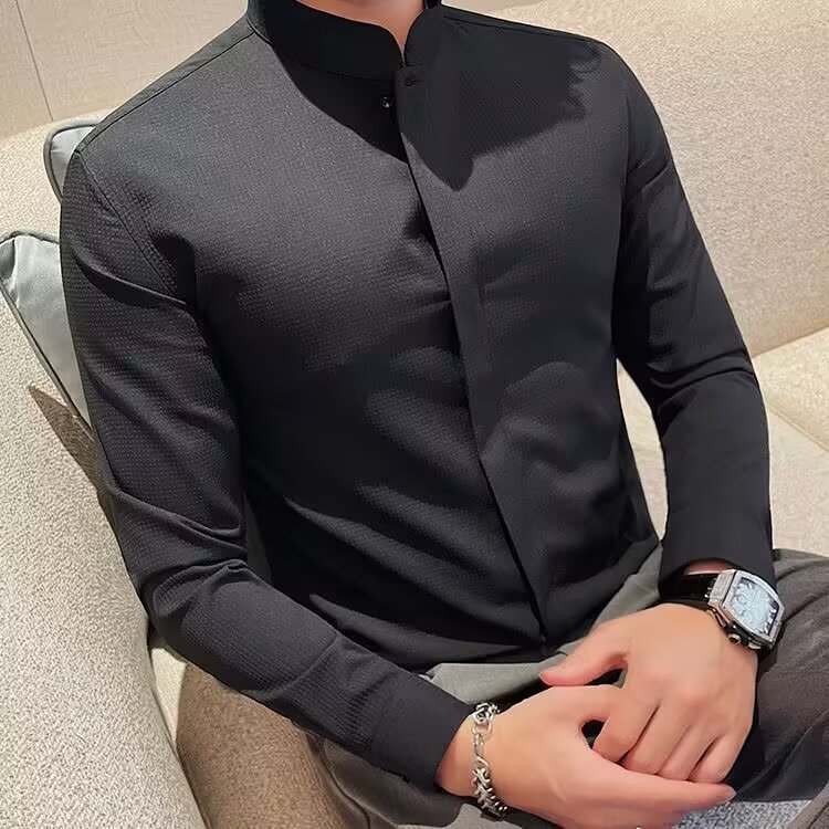 [006]立领条纹衬衫男长袖时尚弹力修身休闲衬衣A079-2086-P40图片