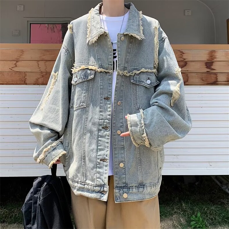 复古毛边做旧破洞牛仔外套男春秋宽松休闲工装夹克上衣JKN08,男装夹克,星座1116A-1（原606A）