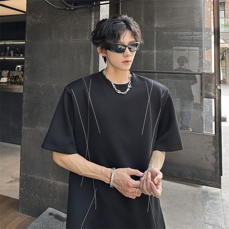 现货垫肩设计缉明线百搭休闲潮男T恤A071-T66-P40,男装T恤,电商A071
