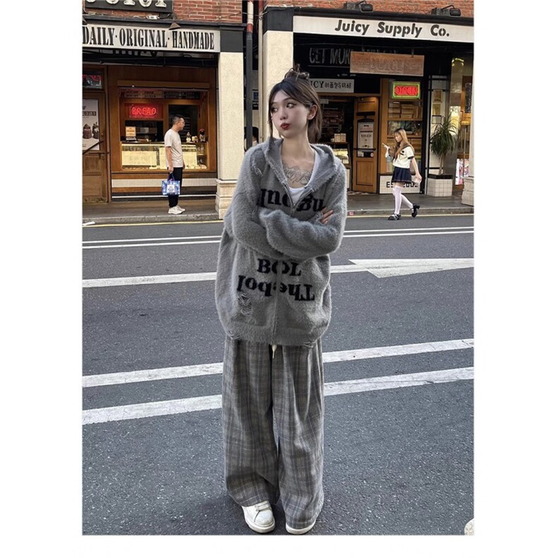 2025破洞连帽针织开衫男女毛衣宽松情侣拉链毛绒外套SW0028,男装针织衫/毛衣,星座516A