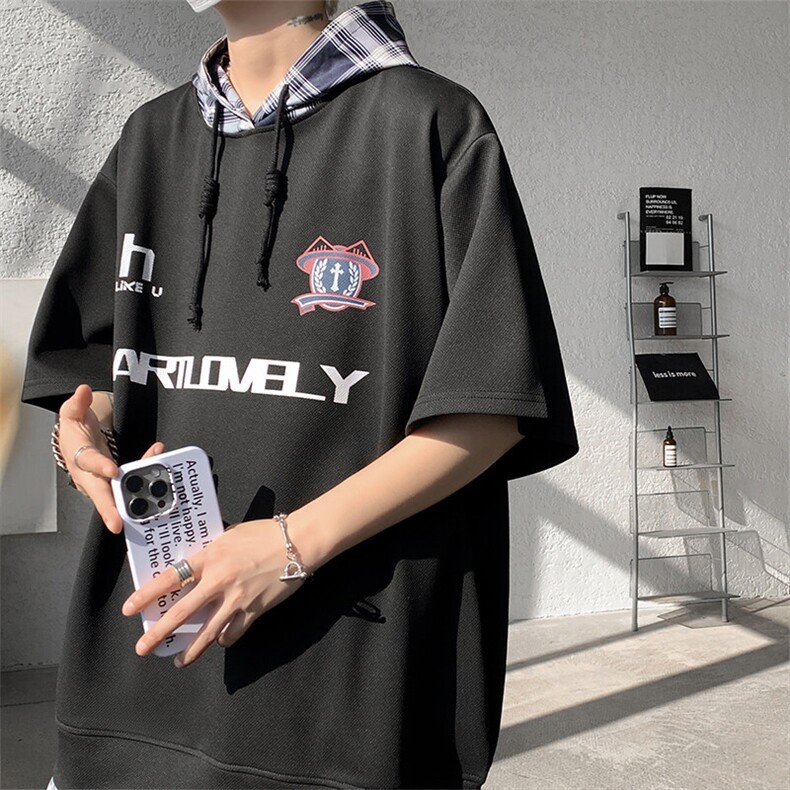 现货 T10112-特批35 控68 新款撞色拼接格子假两件连帽短袖T恤图片