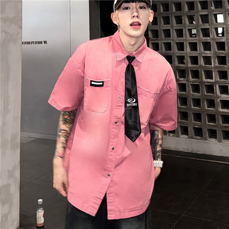 短袖衬衫男夏季新款美式复古高街衬衣小众设计感潮流上衣图片