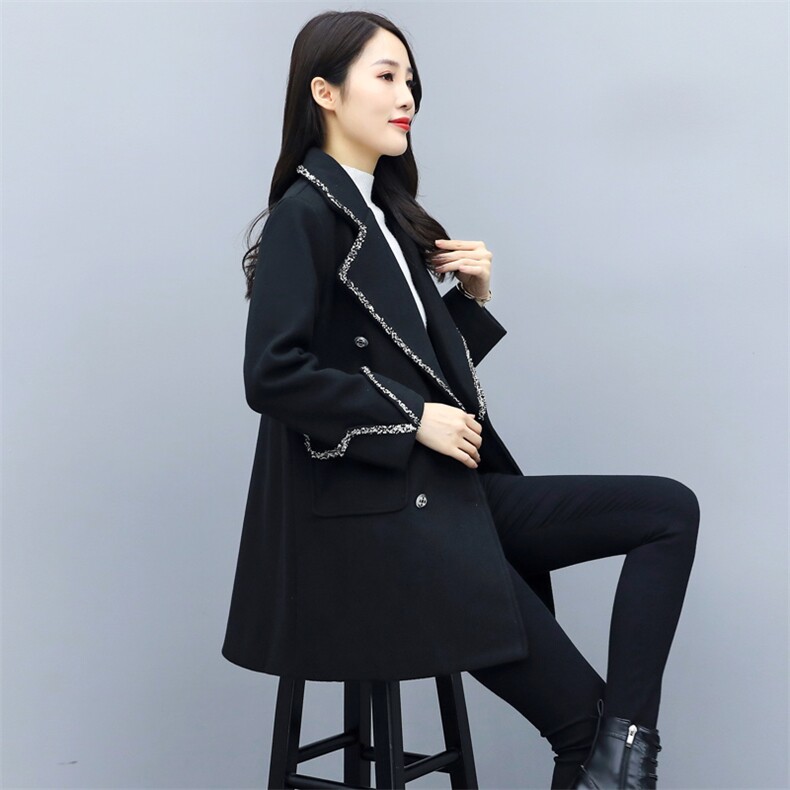 2020年秋冬修身黑色显瘦大毛呢外套女中长款韩版新款,女装毛呢外套,瑶迪依秀