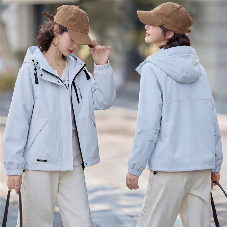 小个子短外套女日常休闲风聚酯纤维单件纯色连帽短款连帽防风，女装短外套，悦祺