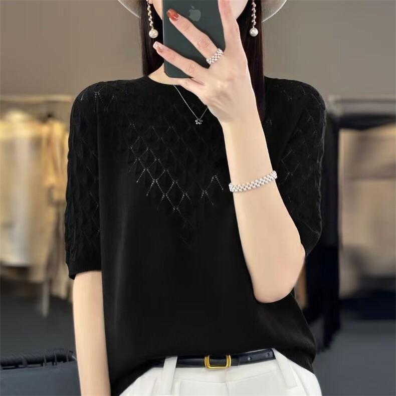 2025新款圆领精纺羊毛短袖女菱形镂空纯色夏季针织半袖T恤上衣,女装T恤,萱芳婷羊绒