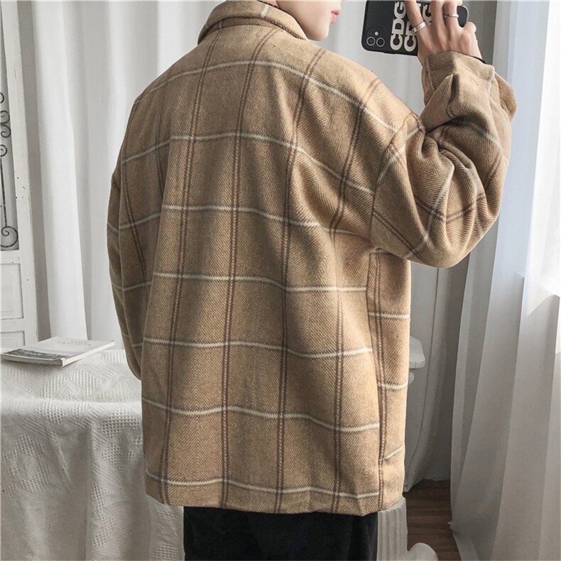 新款现货冬季毛呢大衣潮男夹克呢子外套格子韩版港味风衣3003-p70图片