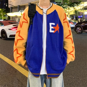 美式复古毛衣男开衫女秋冬多巴胺穿搭撞色拼接情侣宽松针织外套潮图片