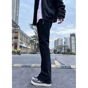美式弯刀黑牛仔男女款春秋款高街微喇裤修身显瘦弹力裤H6248 P37图片