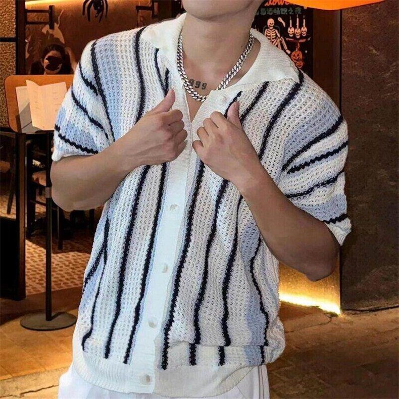 条纹针织短袖衬衫男轻熟风开衫衬衣,男装T恤,星座1007（原301D）