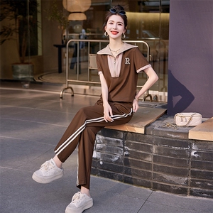 夏季女士运动服两件套短袖休闲时尚潮流拼接大码妈妈装显瘦套装
