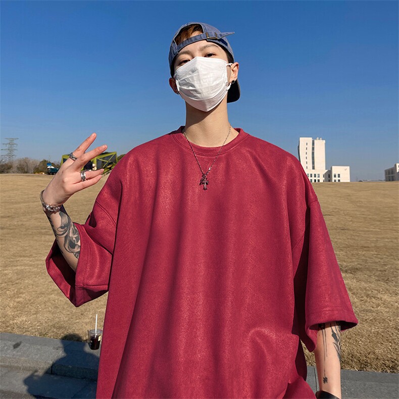 抖音得物直播高品质二开240克美式高街麂皮绒光版纯色短袖t恤12.5，男装T恤，电商A486