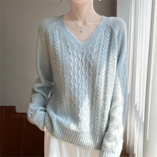 2025年秋季新款针织V领插肩羊绒麻花上衣时尚休闲通勤百搭，女装羊绒衫，多娇羊绒