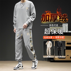 加绒加厚M-8X休闲字母印花套装男T06加绒-P70大码图片