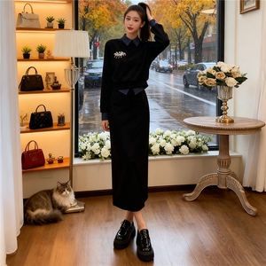 欧系时尚套装女秋撞色拼接衣领衣袖设计绣花订珠卫衣半身裙两件套,中长款韩版裙搭配什么鞋图片