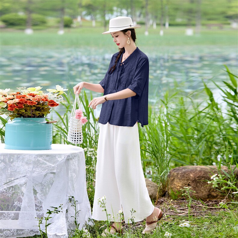 时尚洋气刺绣棉麻套装女2026夏季新款宽松遮肉显瘦阔腿裤两件套,女装套装/套裙,魅影