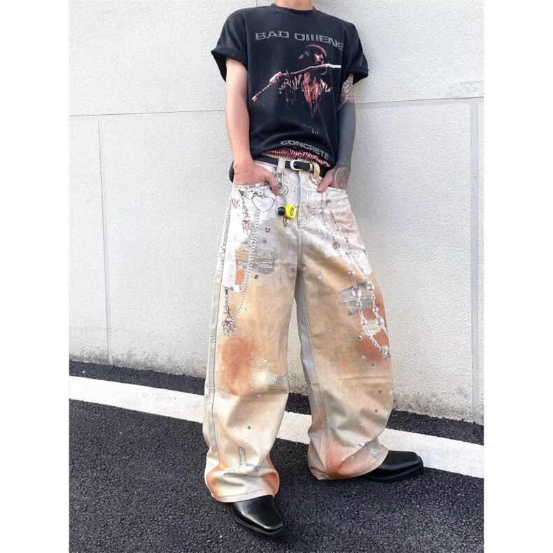 彩色喷绘牛仔裤设计感宽松直筒阔腿拖地长裤子BA3090-P63，男装牛仔裤，星座208-5