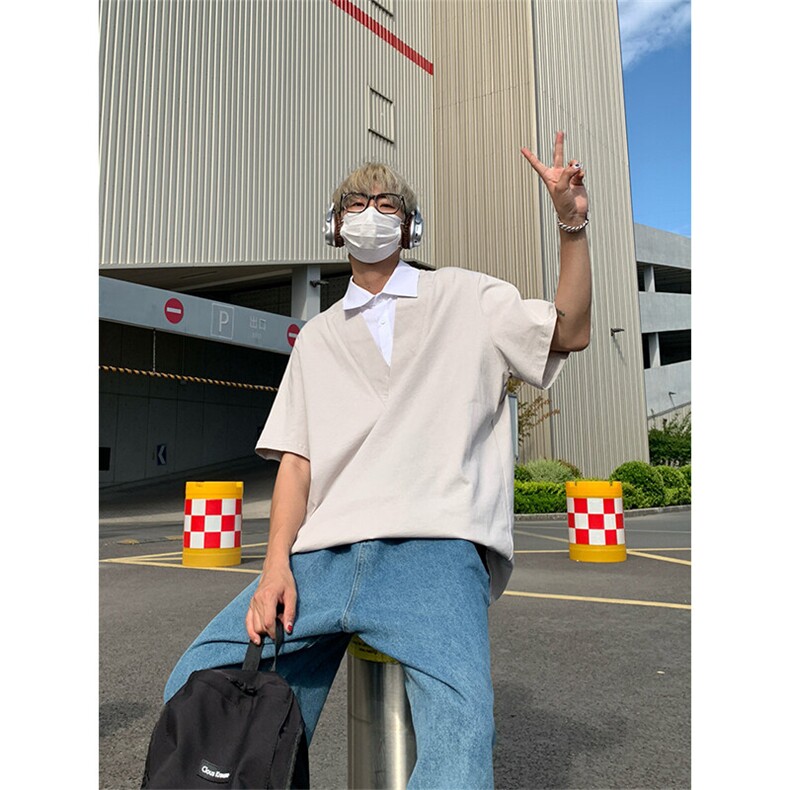 夏季百搭假两件短袖衬衫宽松型设计感polo衫衬衣T3686-特价P40图片