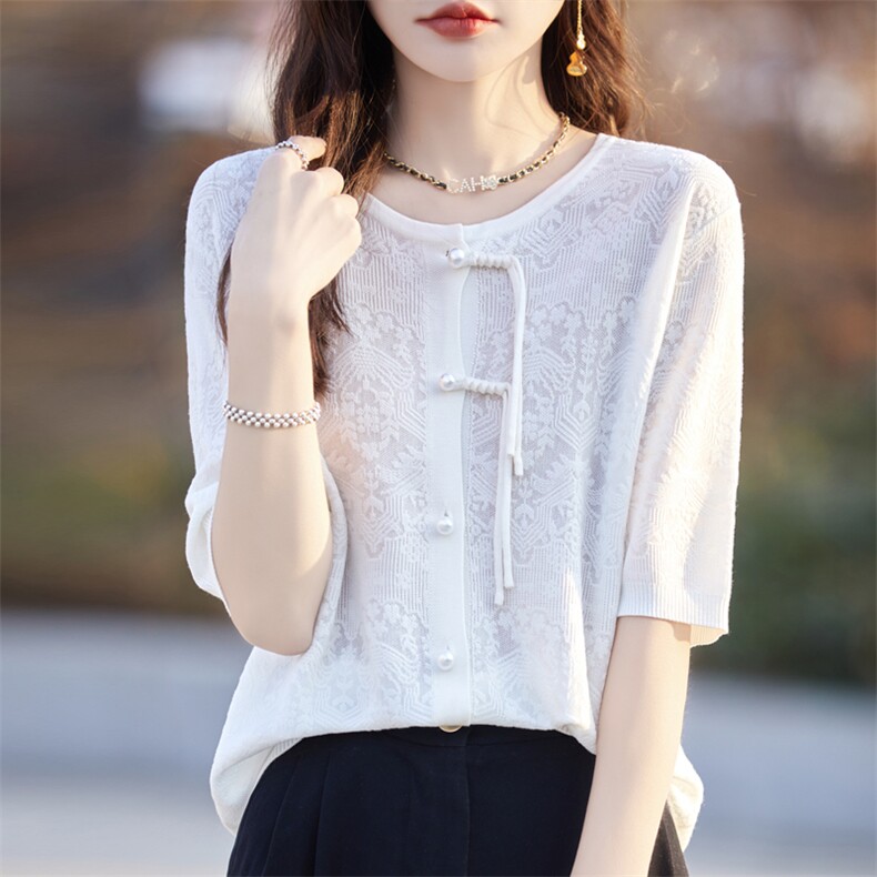 新中式复古流苏短袖针织开衫女圆领镂空高级感提花国风五分袖T恤，女装羊毛衫，九嘉羊绒