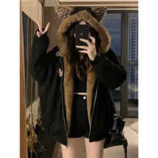 2025冬季美式飞行夹克牛角扣毛领连帽棉服男女宽松派克服外套，男装夹克，星座506A