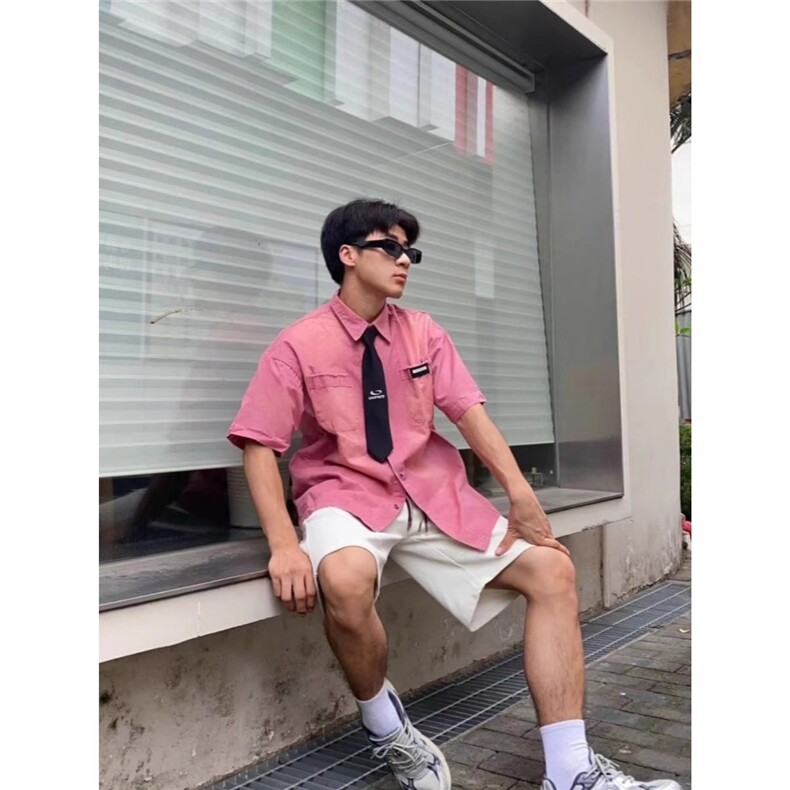 新款水洗复古领带渐变做旧短袖衬衫男女同款宽松衬衣GA154-P55,男装T恤,星座208-5