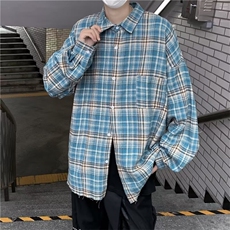 美式复古蓝色格子衬衫男女宽松春秋小众休闲外套C798P43，男装衬衫，星座1116-2