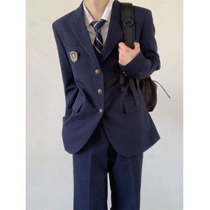精品日系制服春秋季长款藏蓝色西服外套男士学生上衣西装西裤痞帅图片