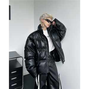 美式解构短款PU皮立领棉服外套男冬季潮牌加厚保暖羽绒面包服棉衣图片