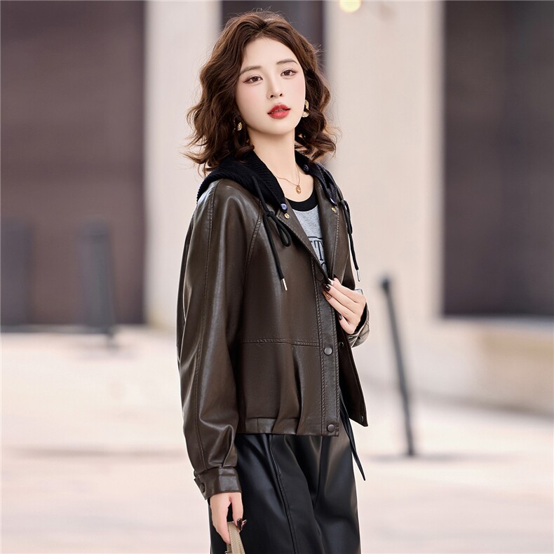 2025年秋季新款现货休闲时尚皮衣外套搭配针织帽子(帽子可脱卸）,女装皮衣,臻衣坊