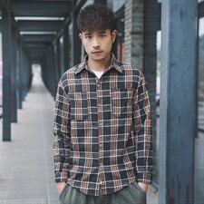 2021外景日系春季新大码男休闲翻领格子宽松纽扣衬衫C501-P45，男装衬衫，电商A001