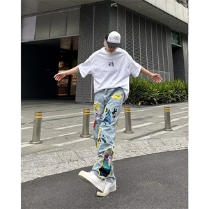 美式港风美式街头重工刺绣破洞牛仔裤男 P80图片