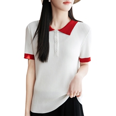 2025夏季新款POLO领拼色冰丝正肩短袖女修身显瘦轻薄百搭T恤上衣，女装T恤，菲奥羊绒