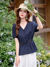 2025夏装新款简约时尚休闲V领两件套套装，女装套装/套裙，罗腾