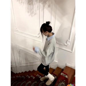 抖音得物高品质26春装美式高街假两件衬衫领长袖卫衣POLO领打底衫图片