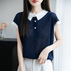 拼色polo领短袖POLO领t恤新款2025年韩系宽松时尚竹节麻小衫上衣，女装针织衫/毛衣，菲奥羊绒
