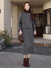 2025年女冬季新款时尚气质优雅小香风90绒套装连衣裙修身袖口设计，女装套装/套裙，煊芮熙
