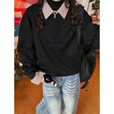 1506-1/WY5061/P61格纹拼接假两件polo衫卫衣学院风情侣休闲卫衣，男装卫衣，星座1506-1