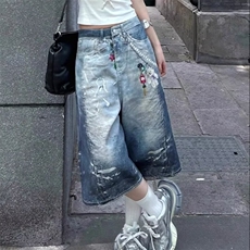美式复古链子卡通印花牛仔七分裤女夏季街头设计感宽松蓝色五分裤，男装牛仔裤，星座506A