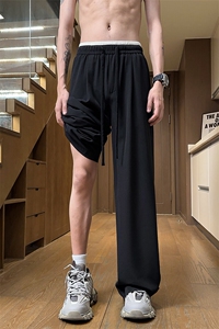 双腰头冰丝速干运动裤子男秋季潮牌纹理感宽松垂感大码阔腿休闲裤图片