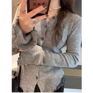 V领常规款开衫ins单件单排扣通勤灰色不规则针织打底衫女秋冬长袖图片