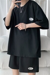 TZ65556/P40华夫格夏季宽松贴标套装男T恤短裤两件套大码港风控78图片