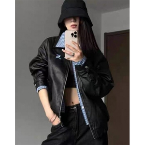 复古假两件格子拼接皮衣夹克男女春秋冬宽松休闲外套 JW277图片