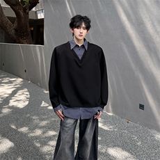 现货假两件拼接撞色翻领美式潮男百搭长袖T恤A071-3304-P55，男装T恤，电商A071
