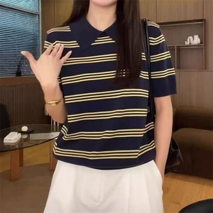 2025夏季新款翻领冰丝短袖T恤女宽松显瘦薄款Polo领针织条纹上衣图片
