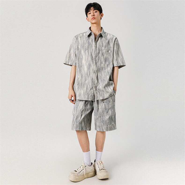 扎染脏脏工装短袖衬衫套装男款夏季半袖衬衣搭配短裤TZ002,男装牛仔裤,星座210-1