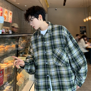 衬衫男春季新款港风宽松大码磨毛格子长袖衬衣CS2019-P35图片